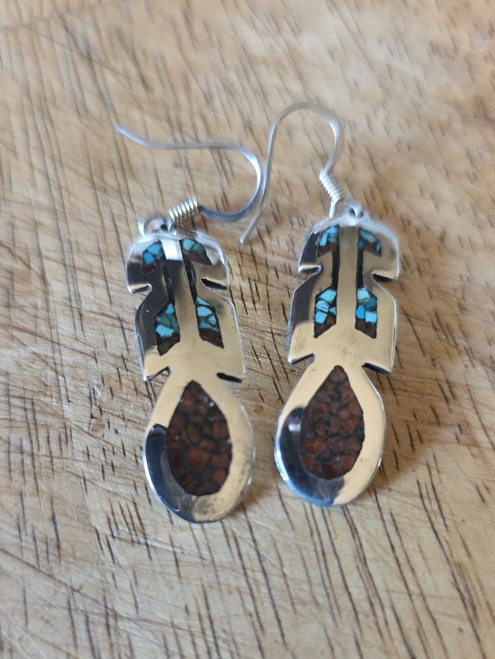 Sterling Silver Feather Chip Turquoise/Coral Inlay Earrings